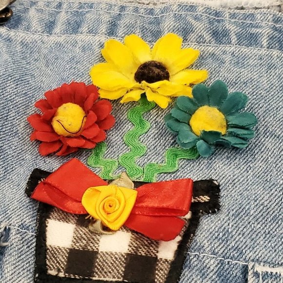 90s Toddler Girls Denim Jean Overall Bibs 3D Flower Appliques Size 2T VTG Retro - Picture 5 of 7